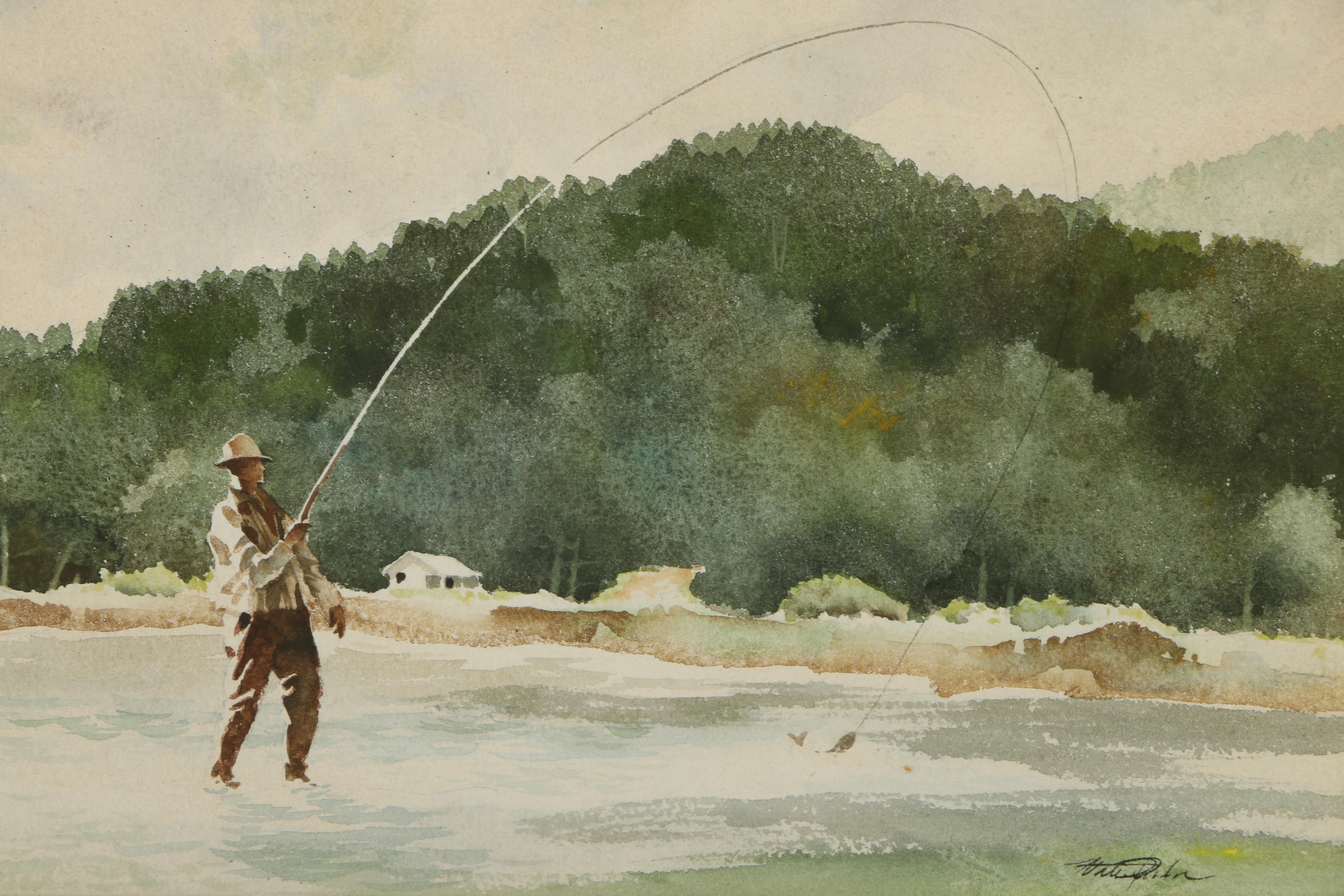 Walter Parke Watercolor Painting of a Fisherman "Snagged"