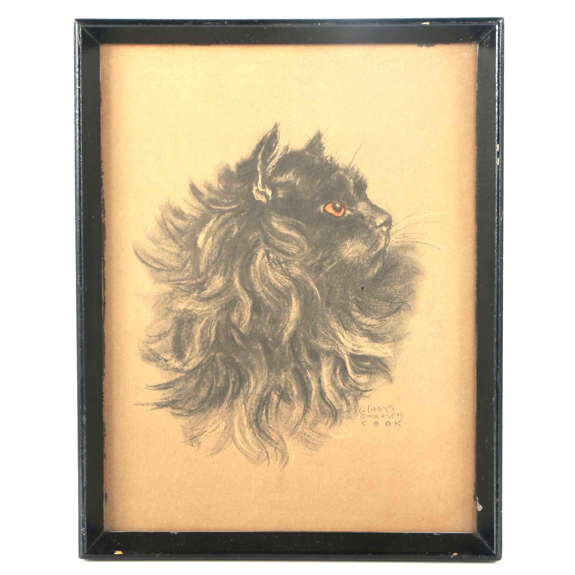 After Gladys Emerson Cook Offset Lithograph on Paper of a Black Cat
