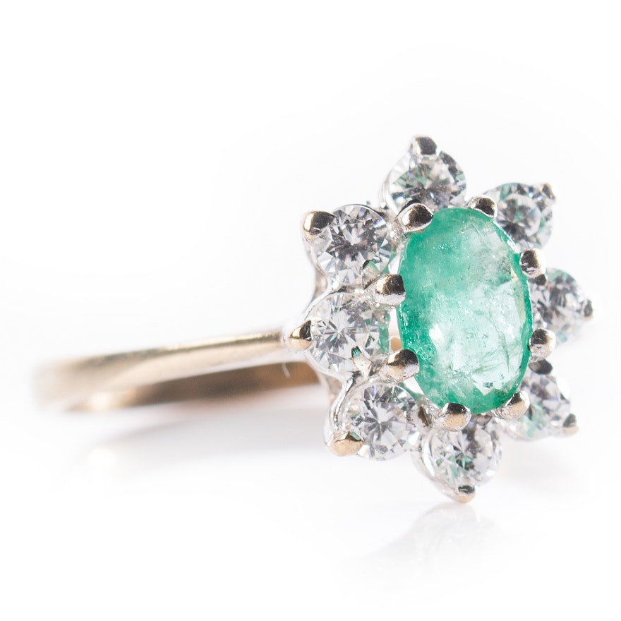 9K Yellow Gold Emerald and Cubic Zirconia Ring