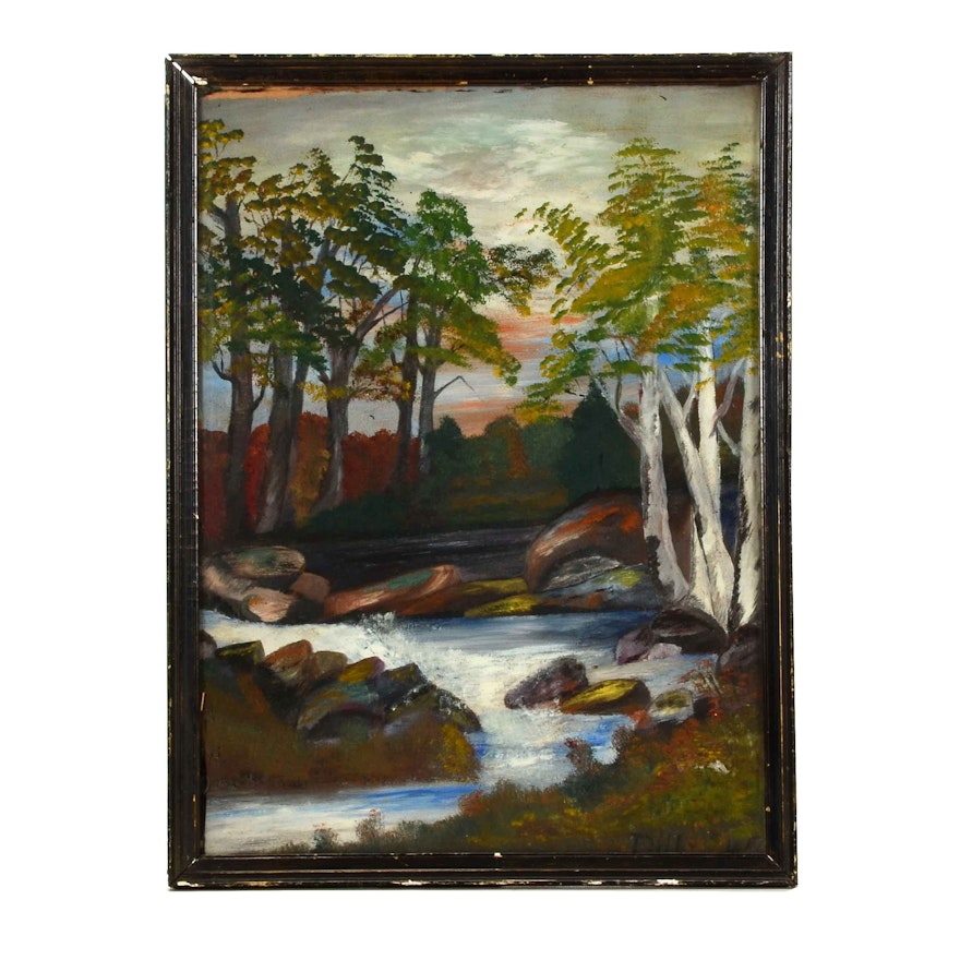 Signed Original 1945 Naive Landscape Oil on Academy Board