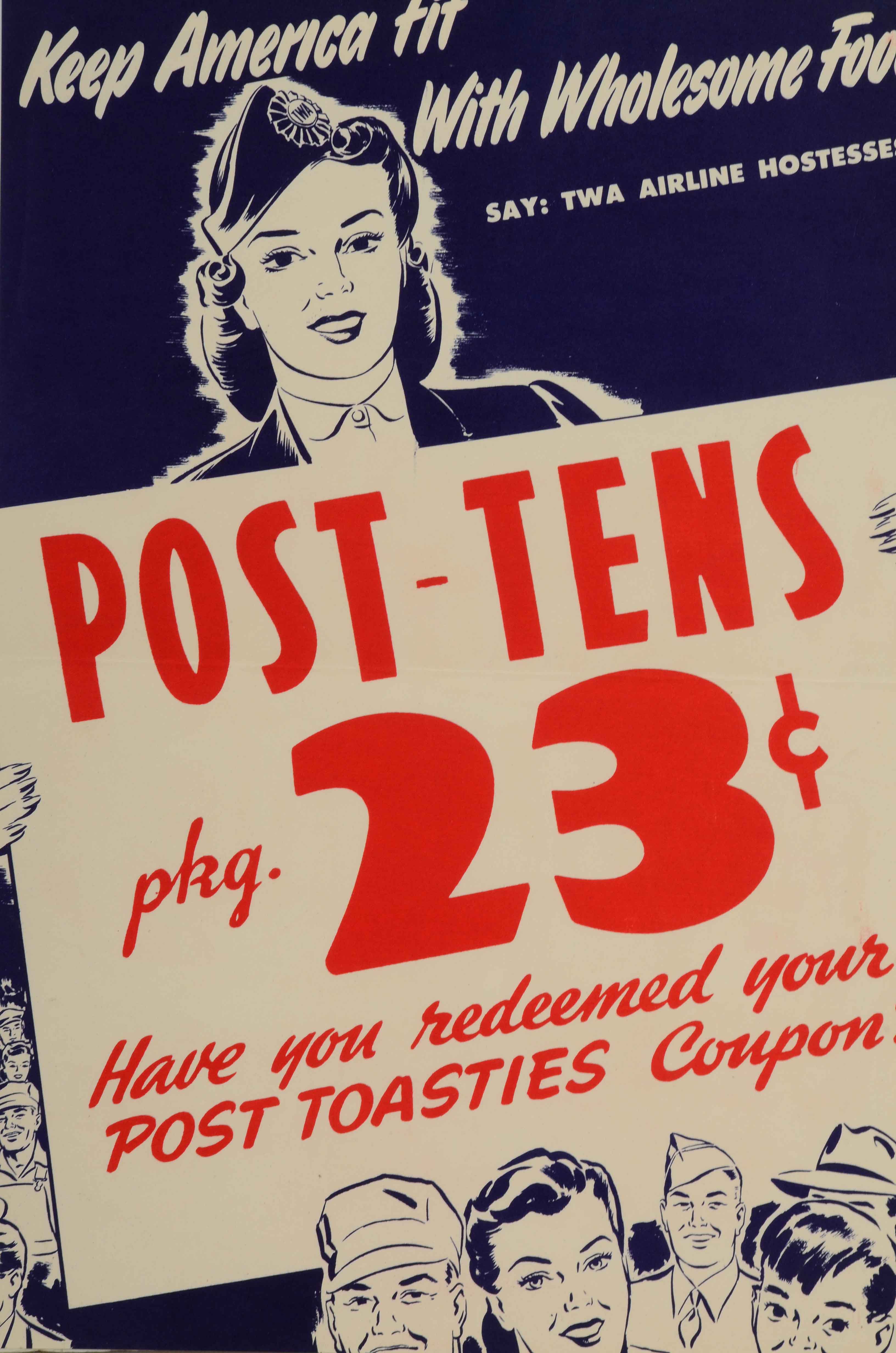 Original WWI TWA Propaganda Poster "Keep America Fit with Wholesome Food / Say: TWA Airline Hostesses"