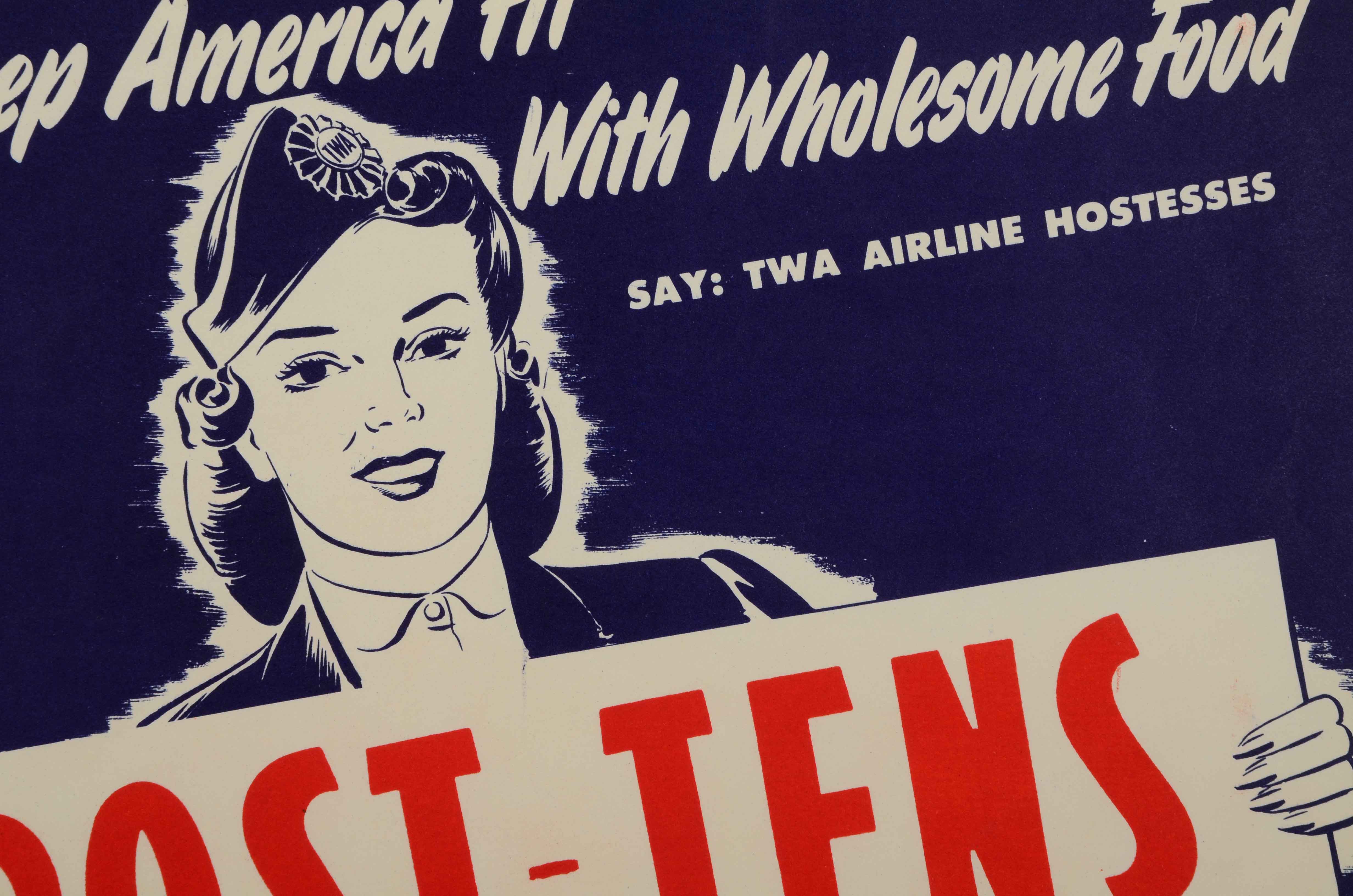 Original WWI TWA Propaganda Poster "Keep America Fit with Wholesome Food / Say: TWA Airline Hostesses"