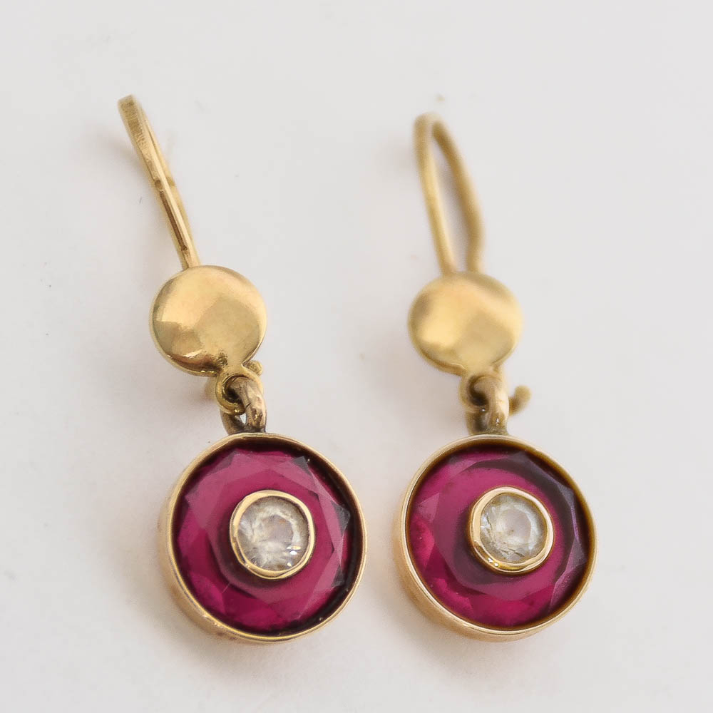 14K Yellow Gold, White Sapphire, and Synthetic Ruby Dangle Earrings