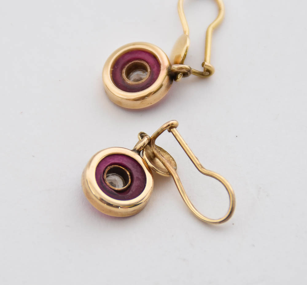 14K Yellow Gold, White Sapphire, and Synthetic Ruby Dangle Earrings