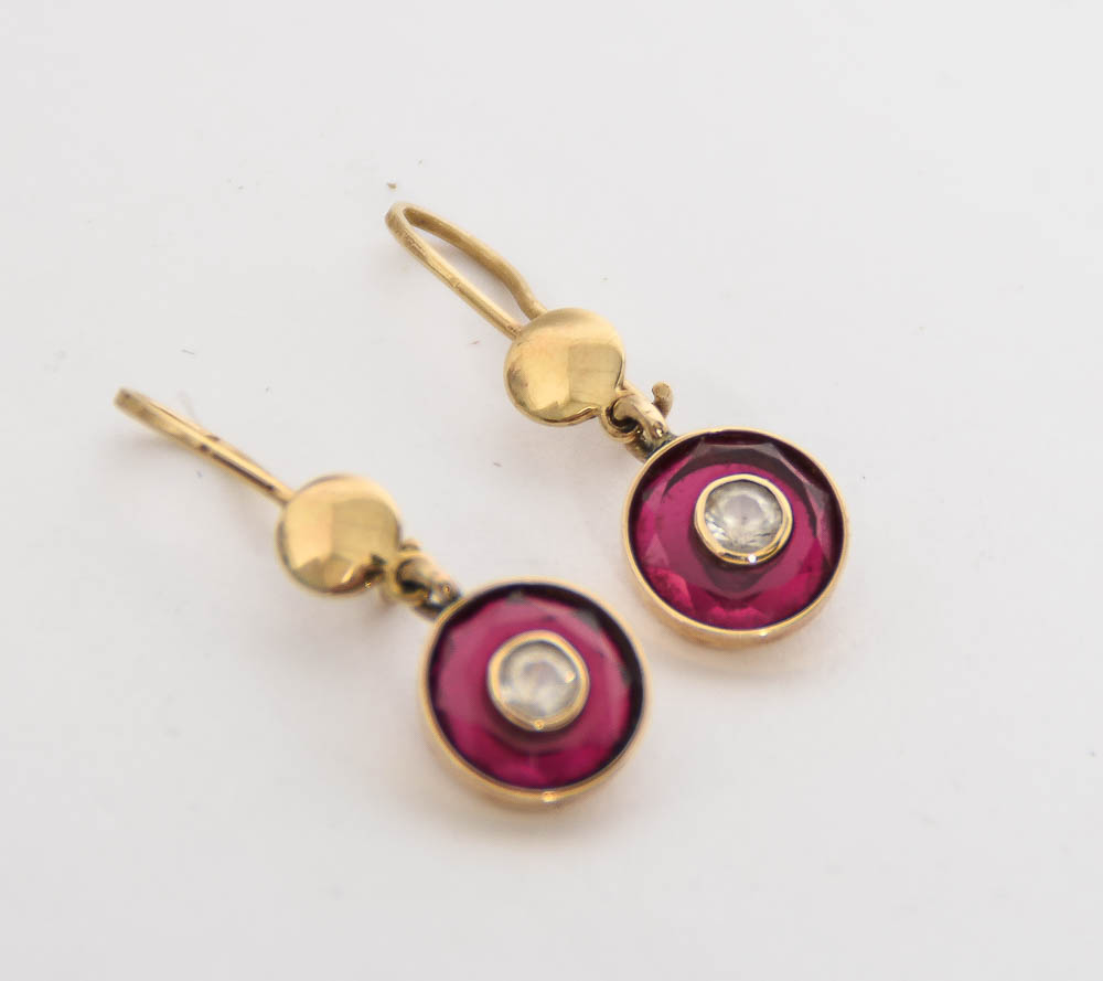 14K Yellow Gold, White Sapphire, and Synthetic Ruby Dangle Earrings
