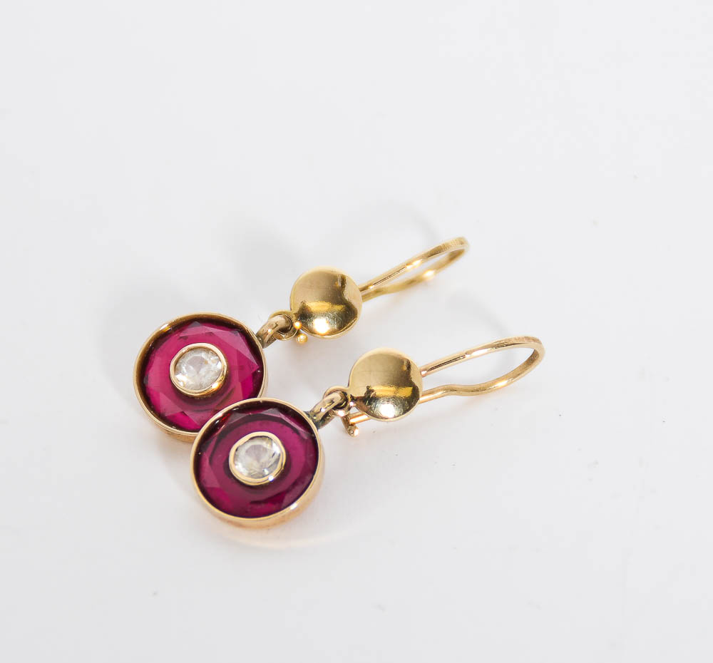 14K Yellow Gold, White Sapphire, and Synthetic Ruby Dangle Earrings