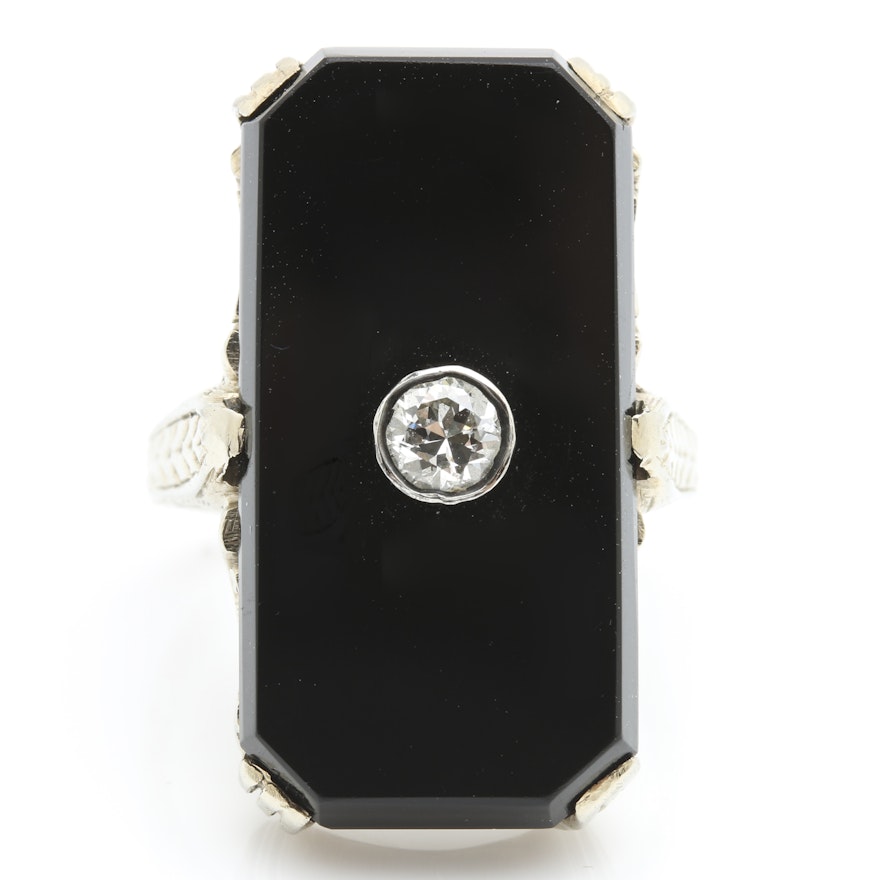 14K White Gold Black Onyx and Diamond Ring