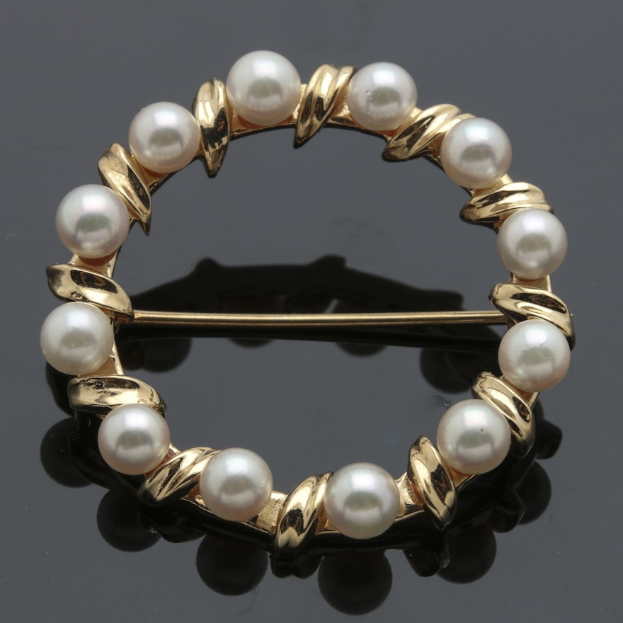 14K Yellow Gold Cultured Pearl Circle Brooch