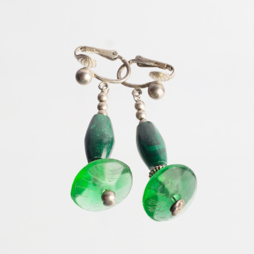 Vintage Sterling Silver and Malachite Dangle Earrings