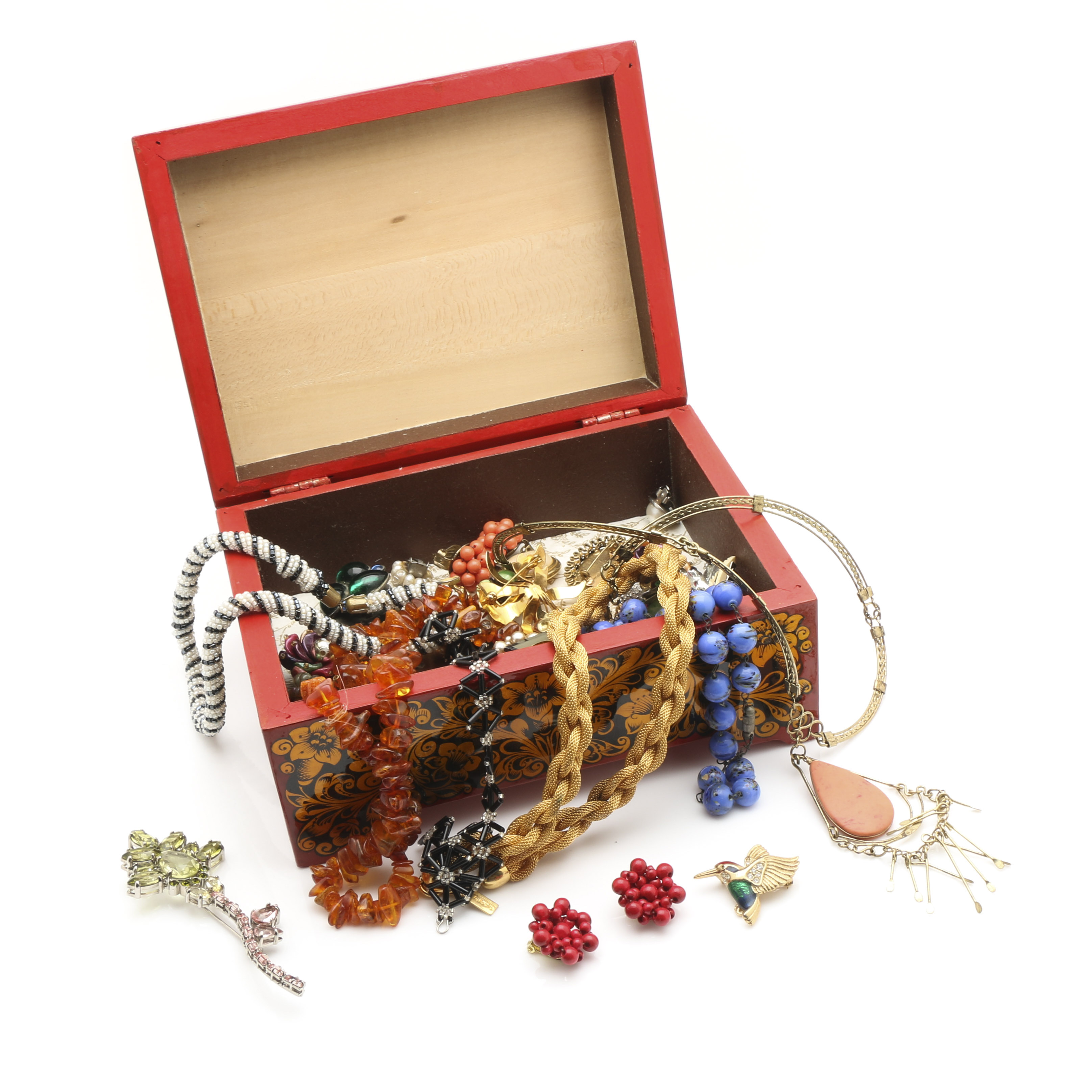 Costume Jewelry Assortment with Painted Jewelry Box