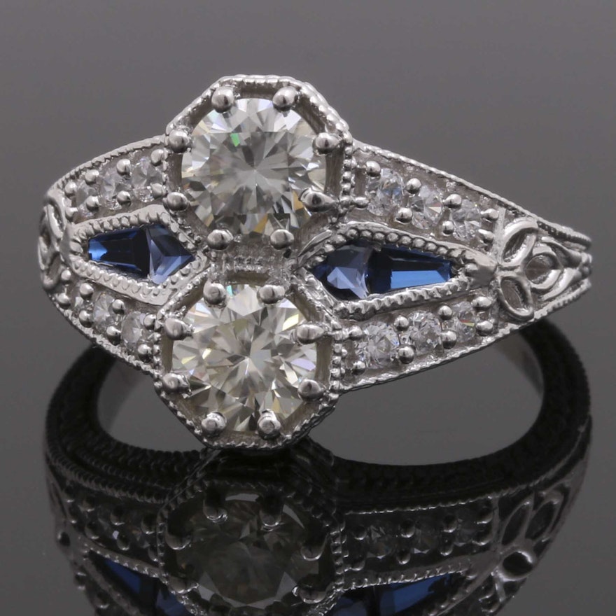 Sterling Silver Moissanite, Cubic Zirconia and Synthetic Blue Spinel Ring