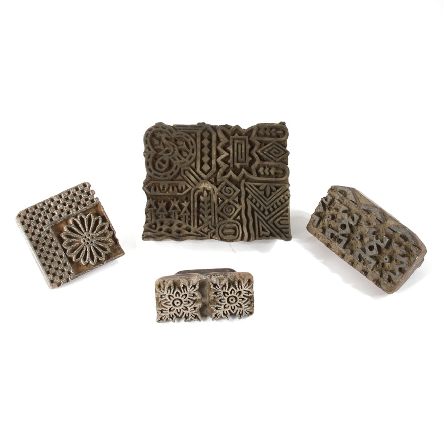 Vintage Hand-Carved Wood Fabric Printing Blocks from India