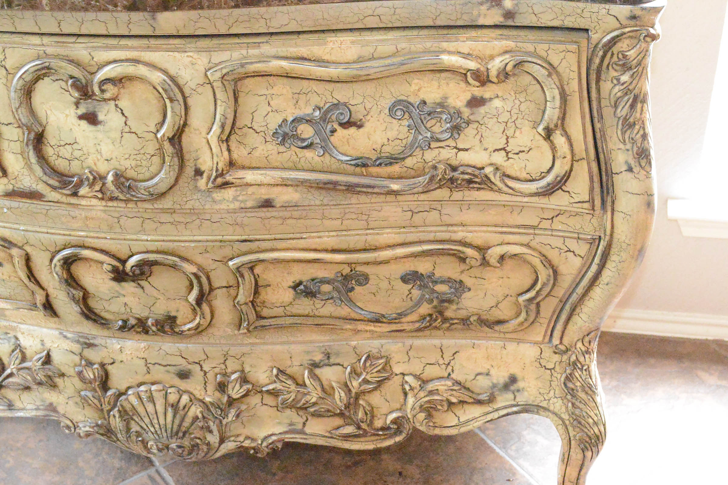 Rococo Style Bombé Commode With Brown Variegated Granite Top