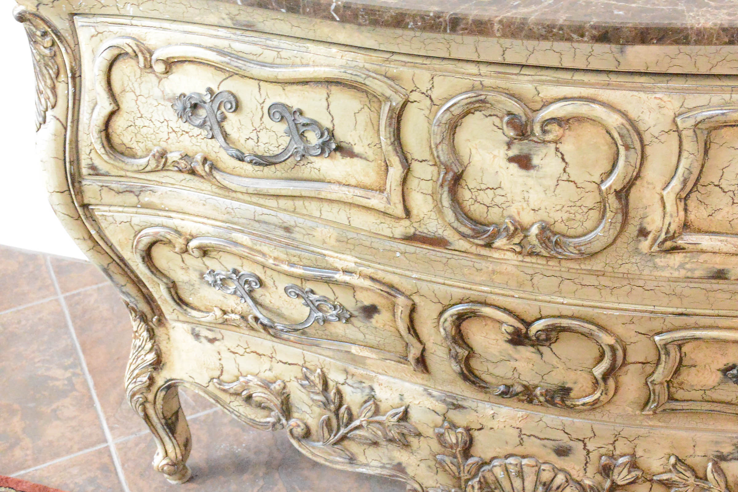 Rococo Style Bombé Commode With Brown Variegated Granite Top