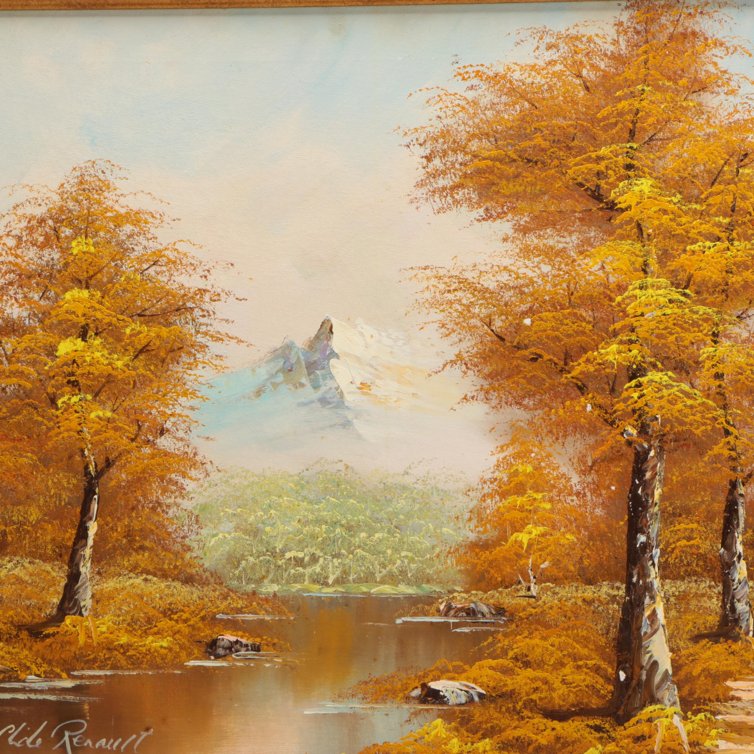Clide Renault Oil Painting on Canvas of an Autumnal River Landscape