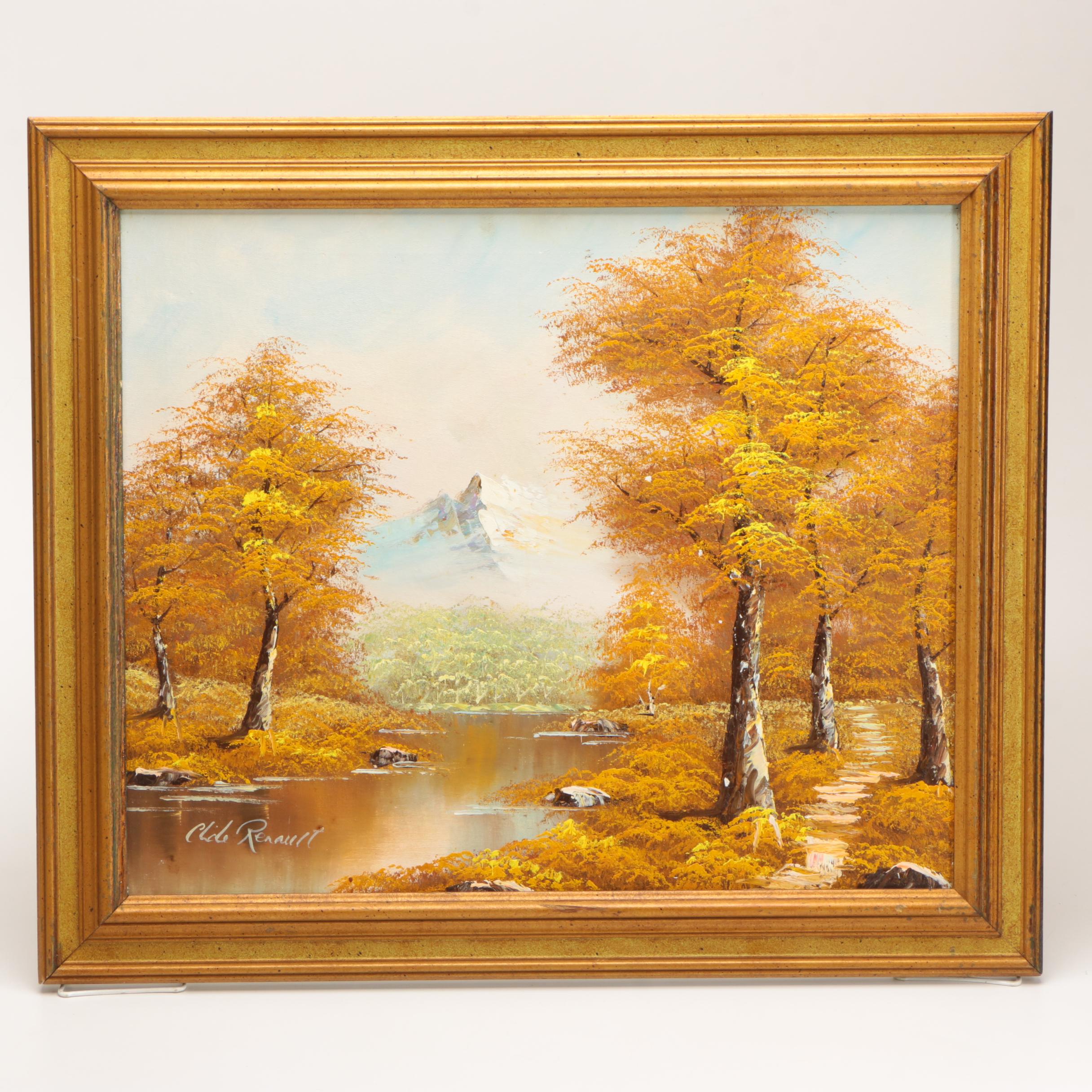 Clide Renault Oil Painting on Canvas of an Autumnal River Landscape