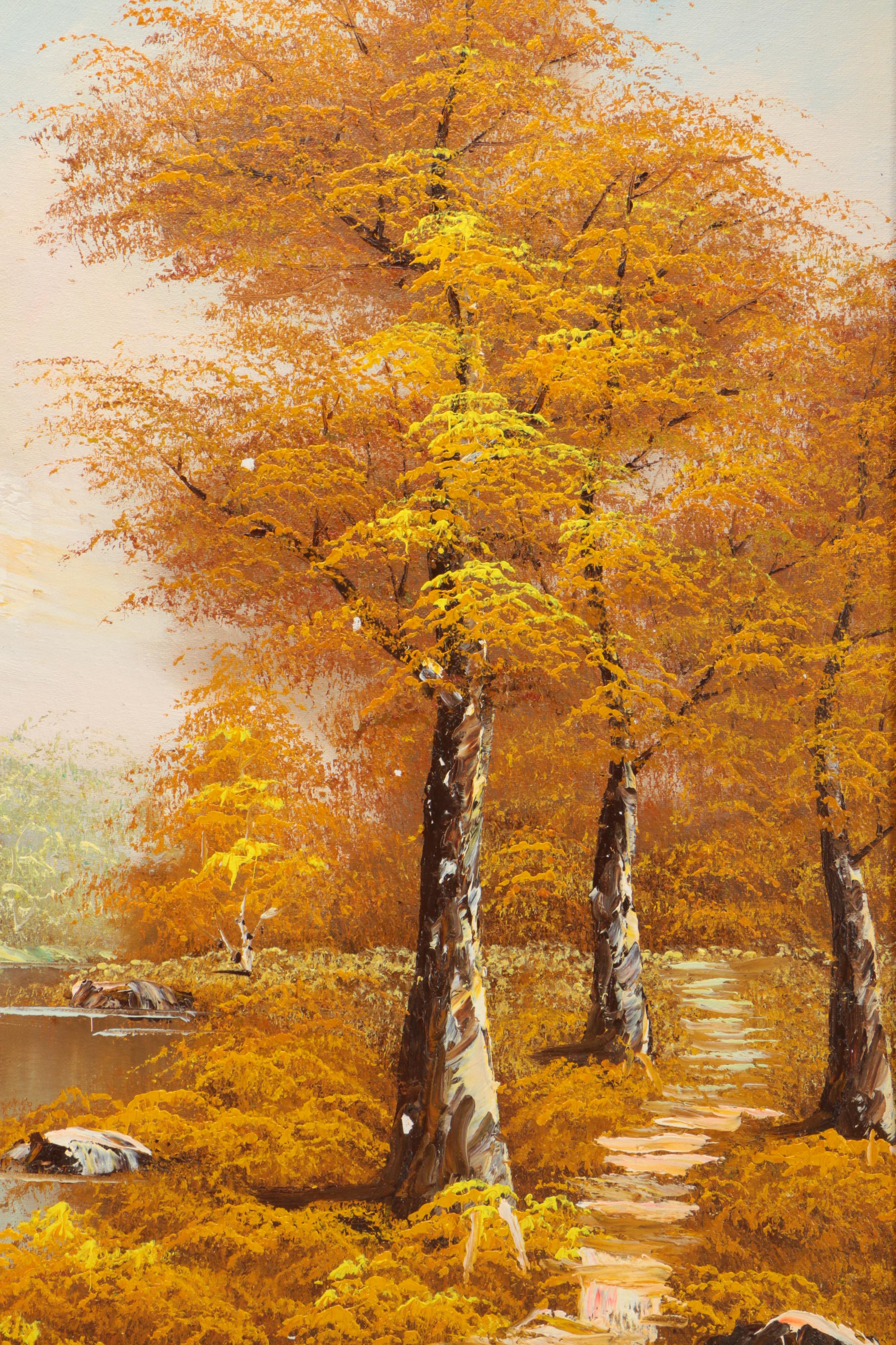 Clide Renault Oil Painting on Canvas of an Autumnal River Landscape