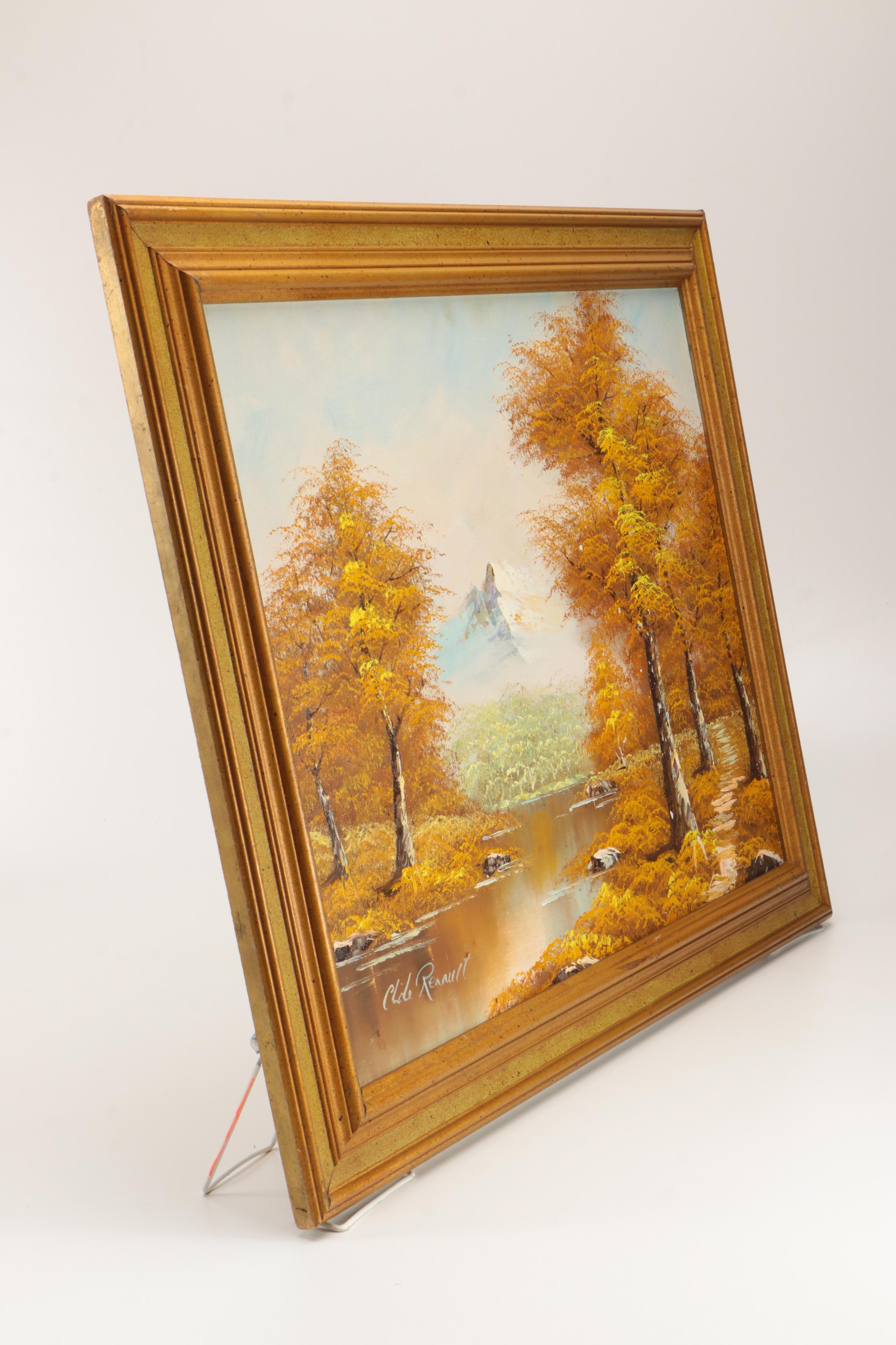 Clide Renault Oil Painting on Canvas of an Autumnal River Landscape