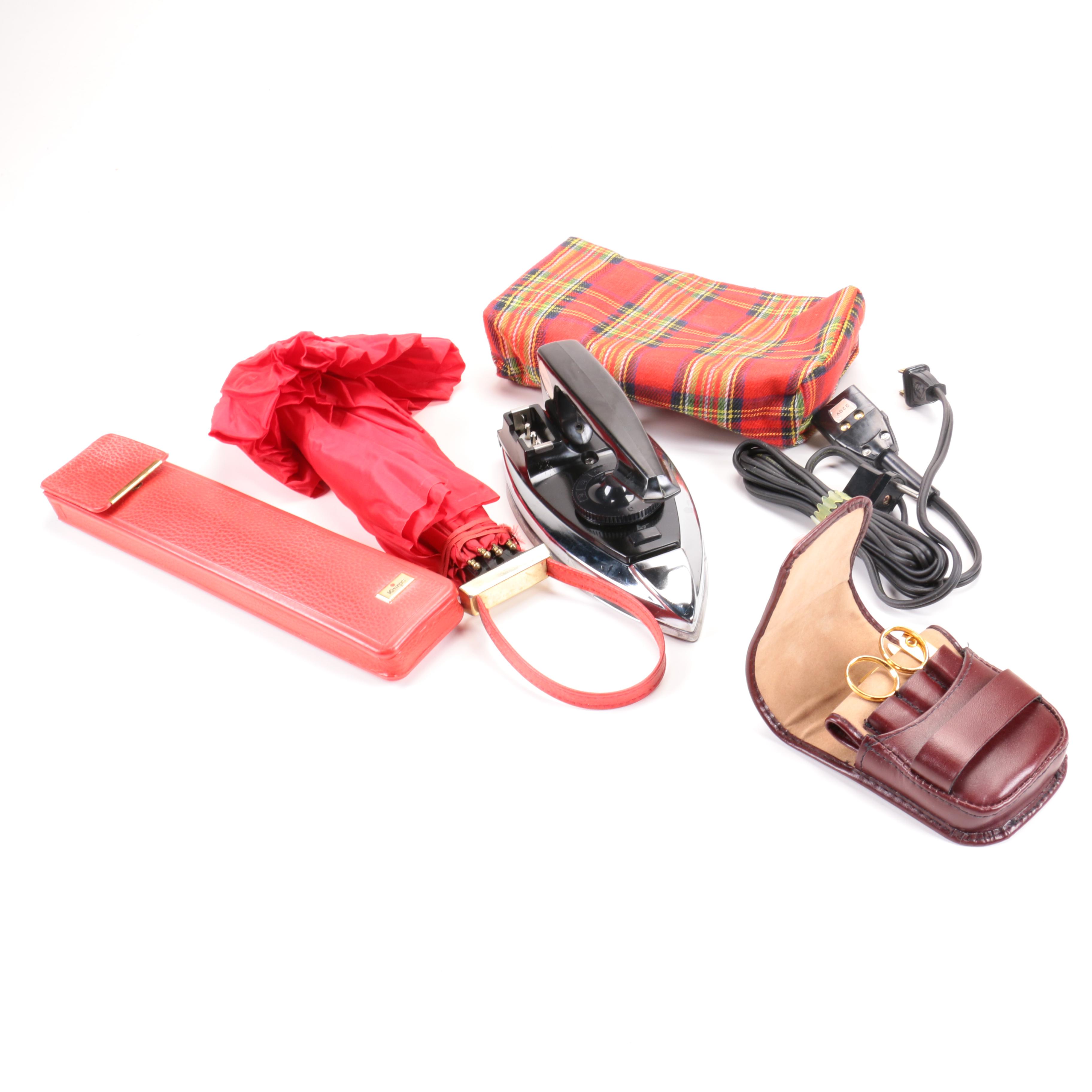 Vintage Travel Iron, Umbrella, and Personal Care Kit