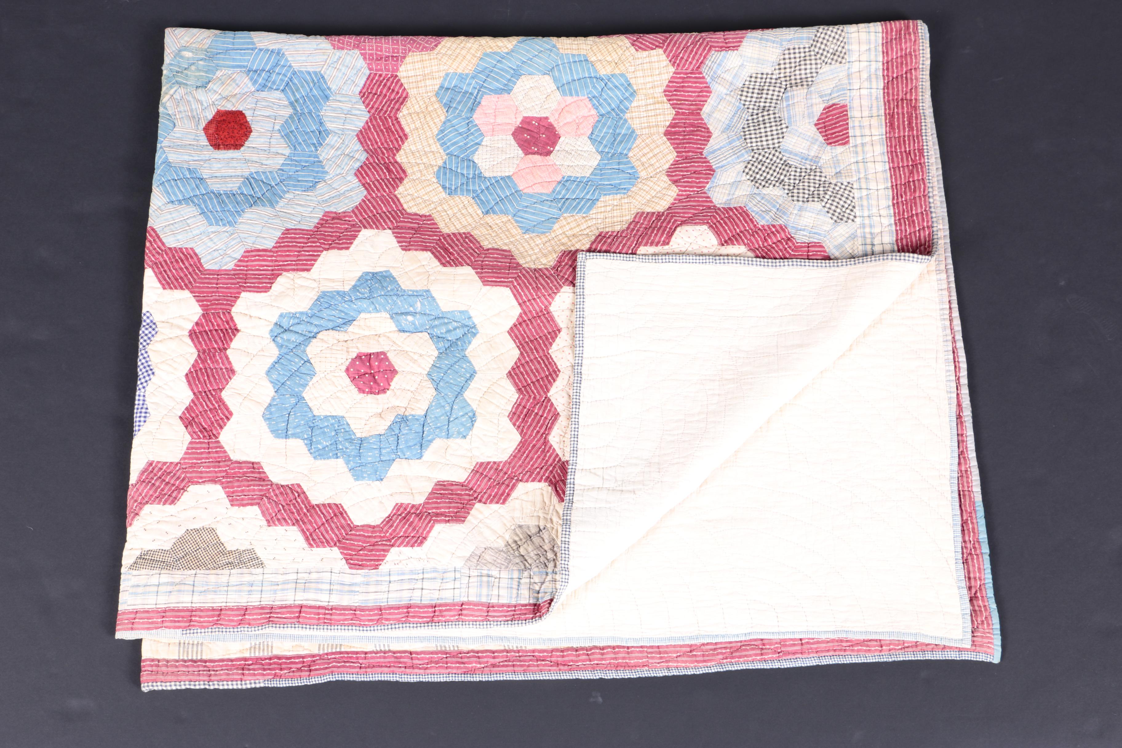 Vintage Hand-Pieced "Grandmother's Flower Garden" Quilt