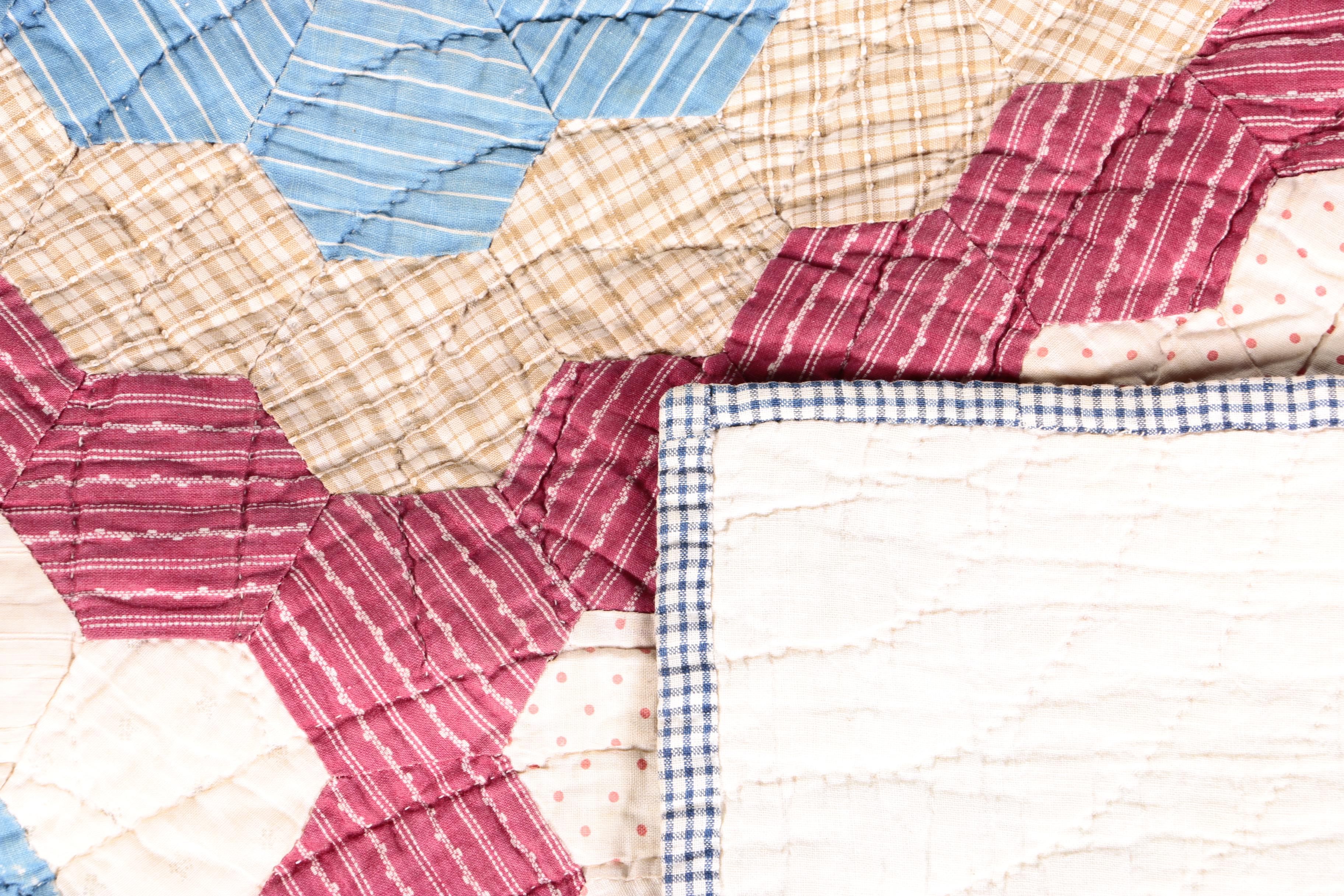 Vintage Hand-Pieced "Grandmother's Flower Garden" Quilt