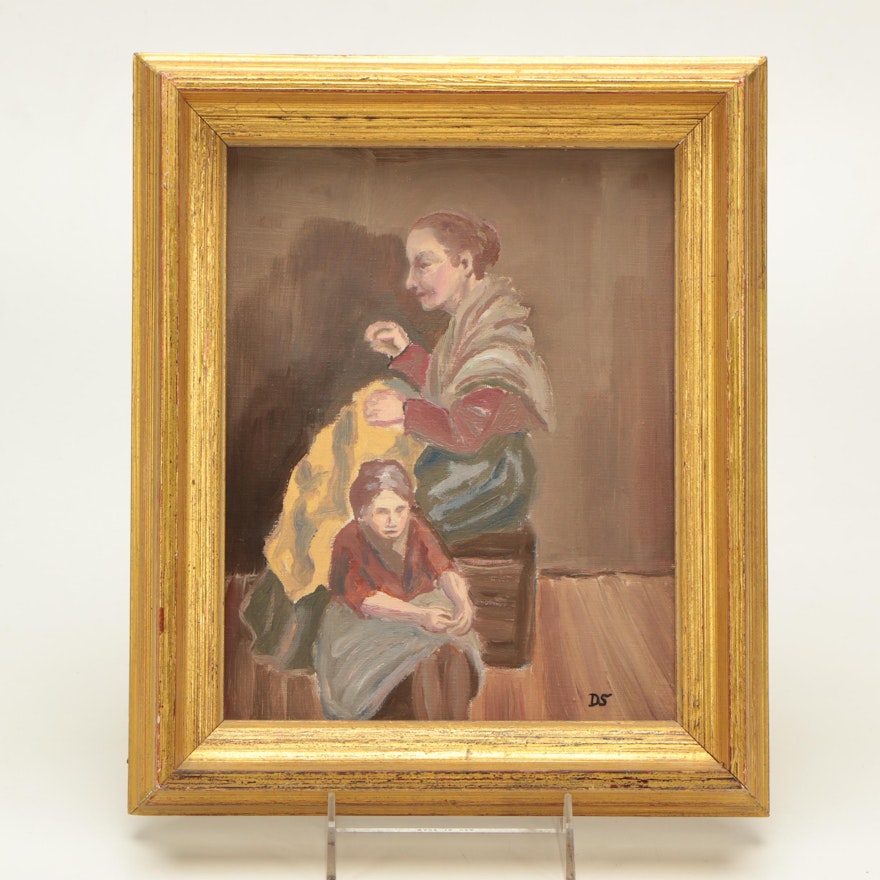 Oil on Canvas Painting of Two Women Sewing