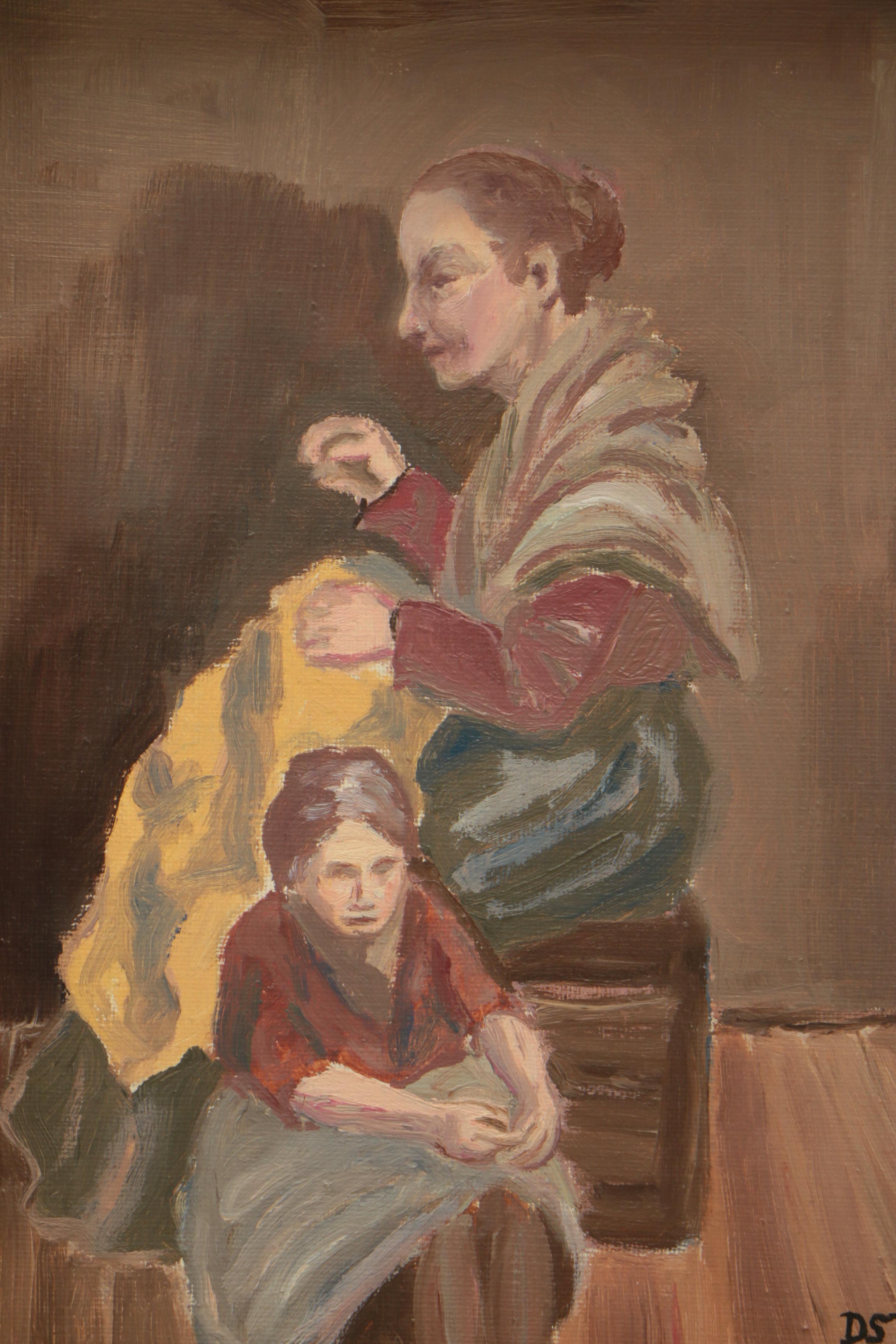 Oil on Canvas Painting of Two Women Sewing