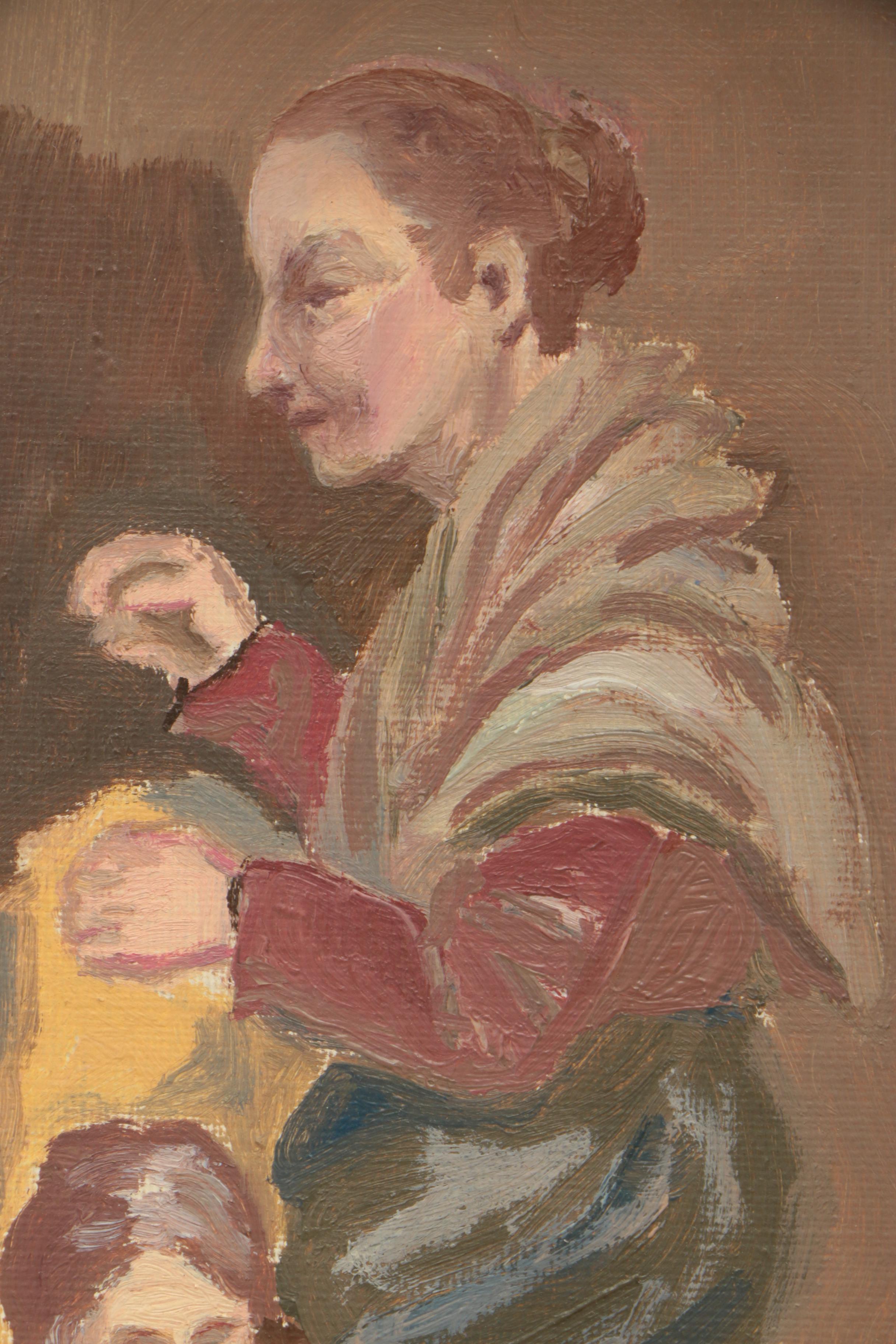 Oil on Canvas Painting of Two Women Sewing