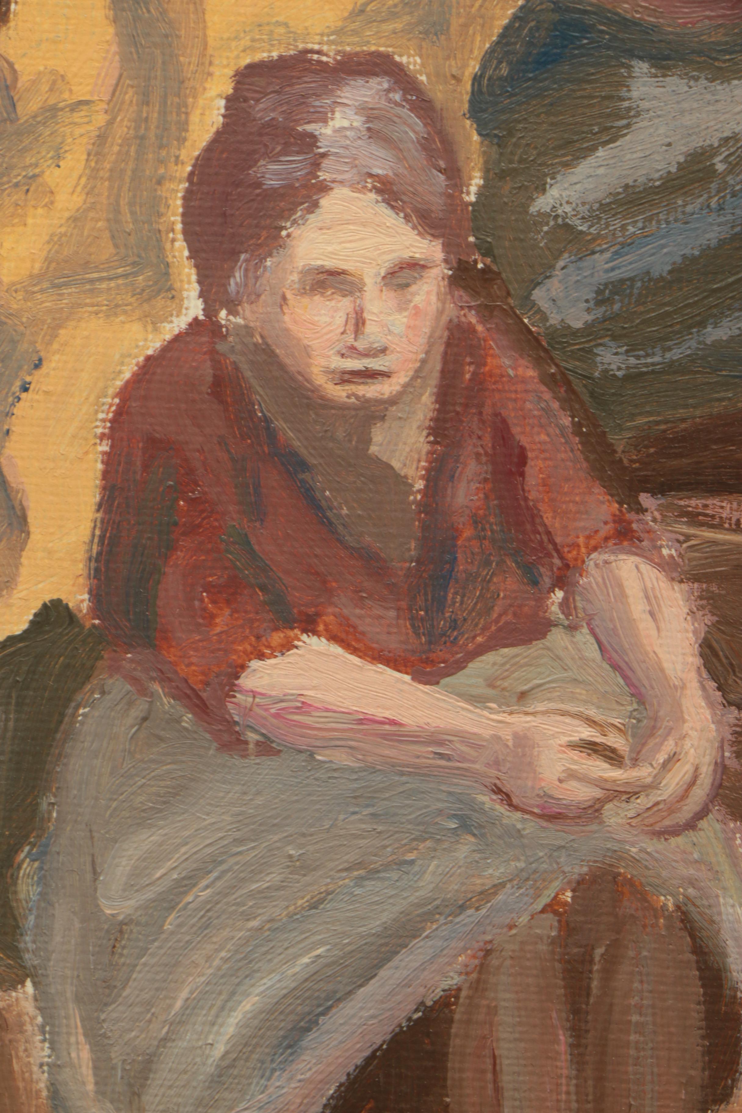 Oil on Canvas Painting of Two Women Sewing