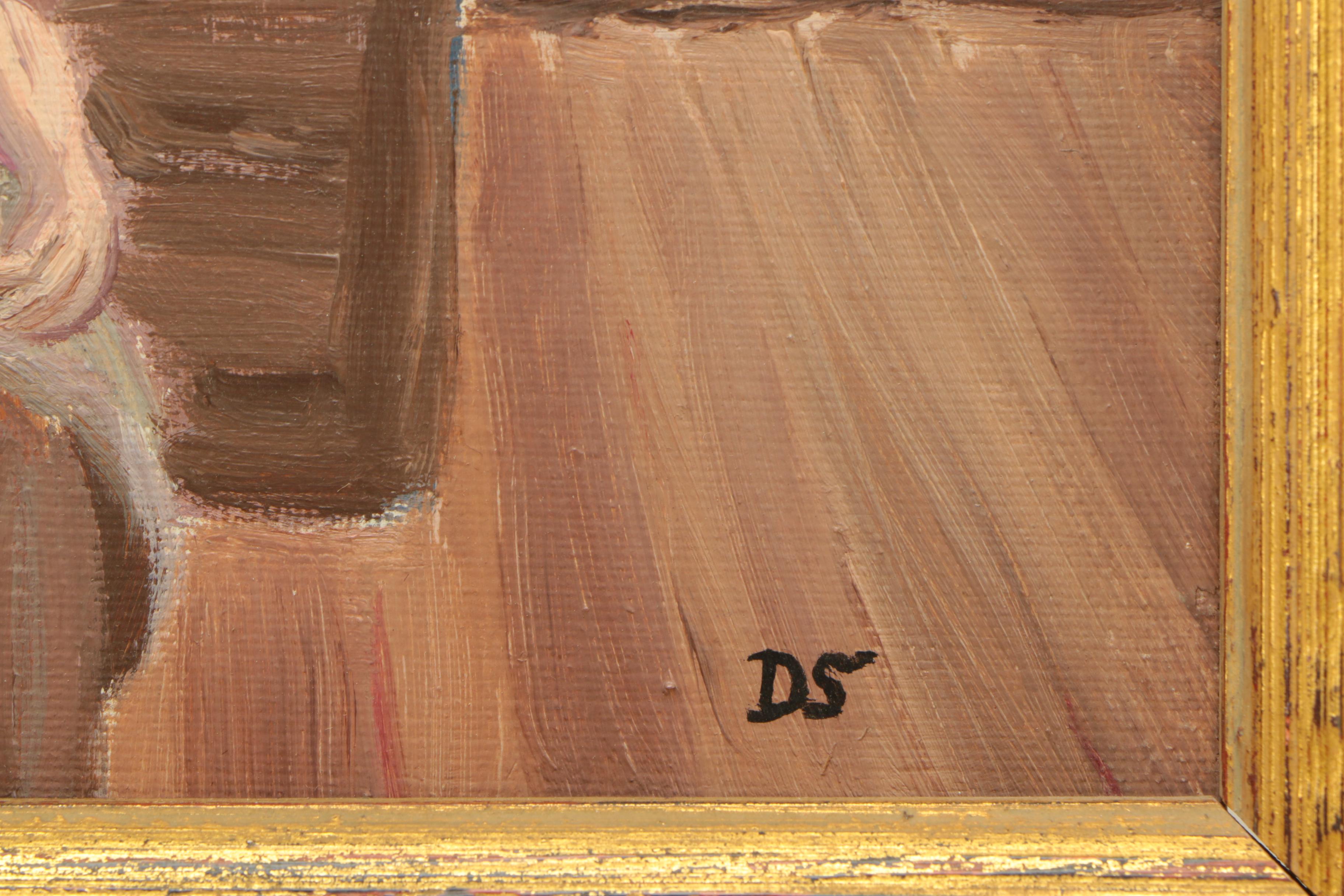 Oil on Canvas Painting of Two Women Sewing