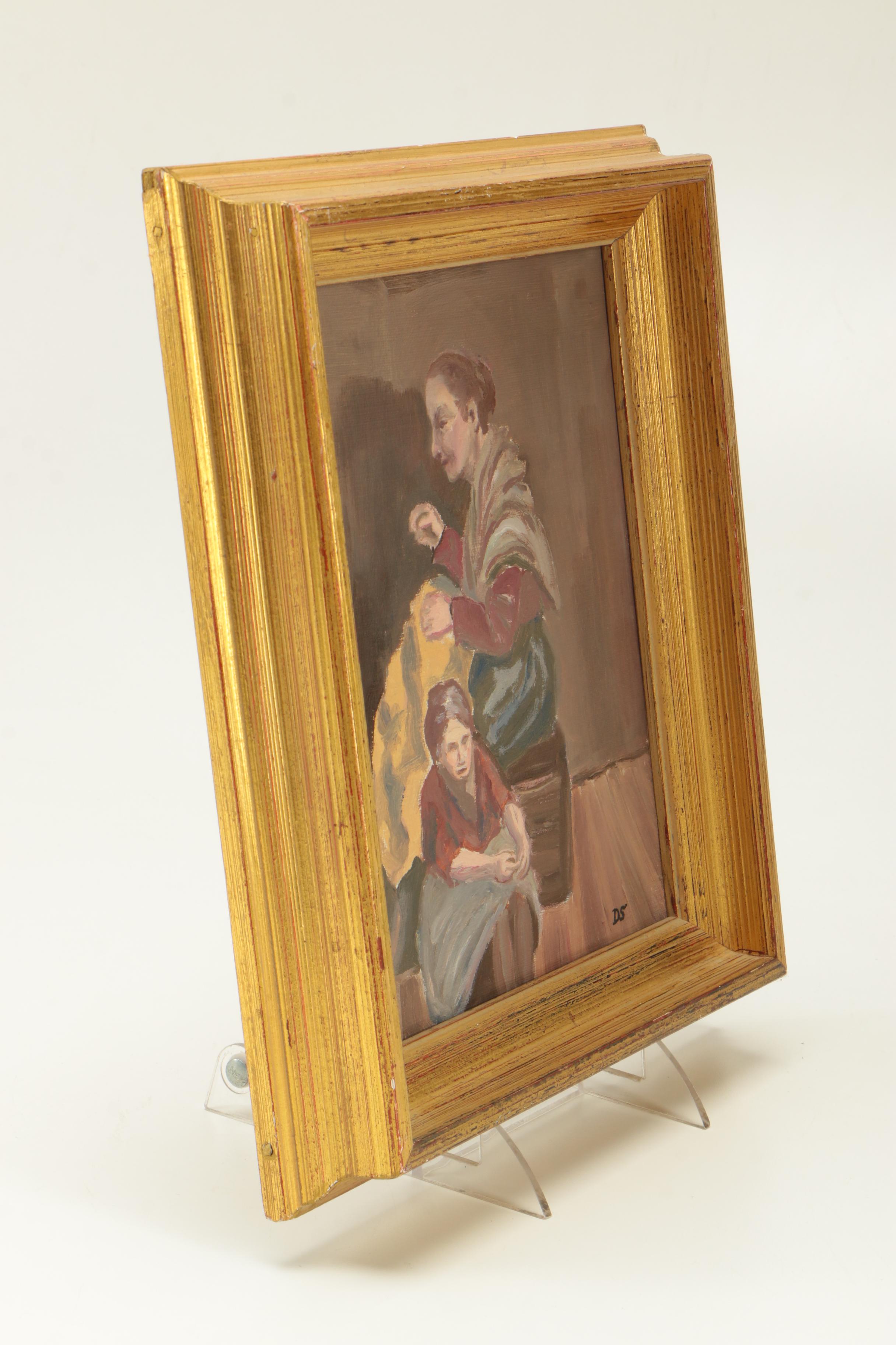 Oil on Canvas Painting of Two Women Sewing