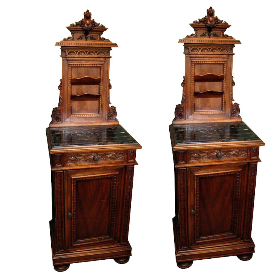 Antique Italian Rococo Revival Style Marble Top Nightstands