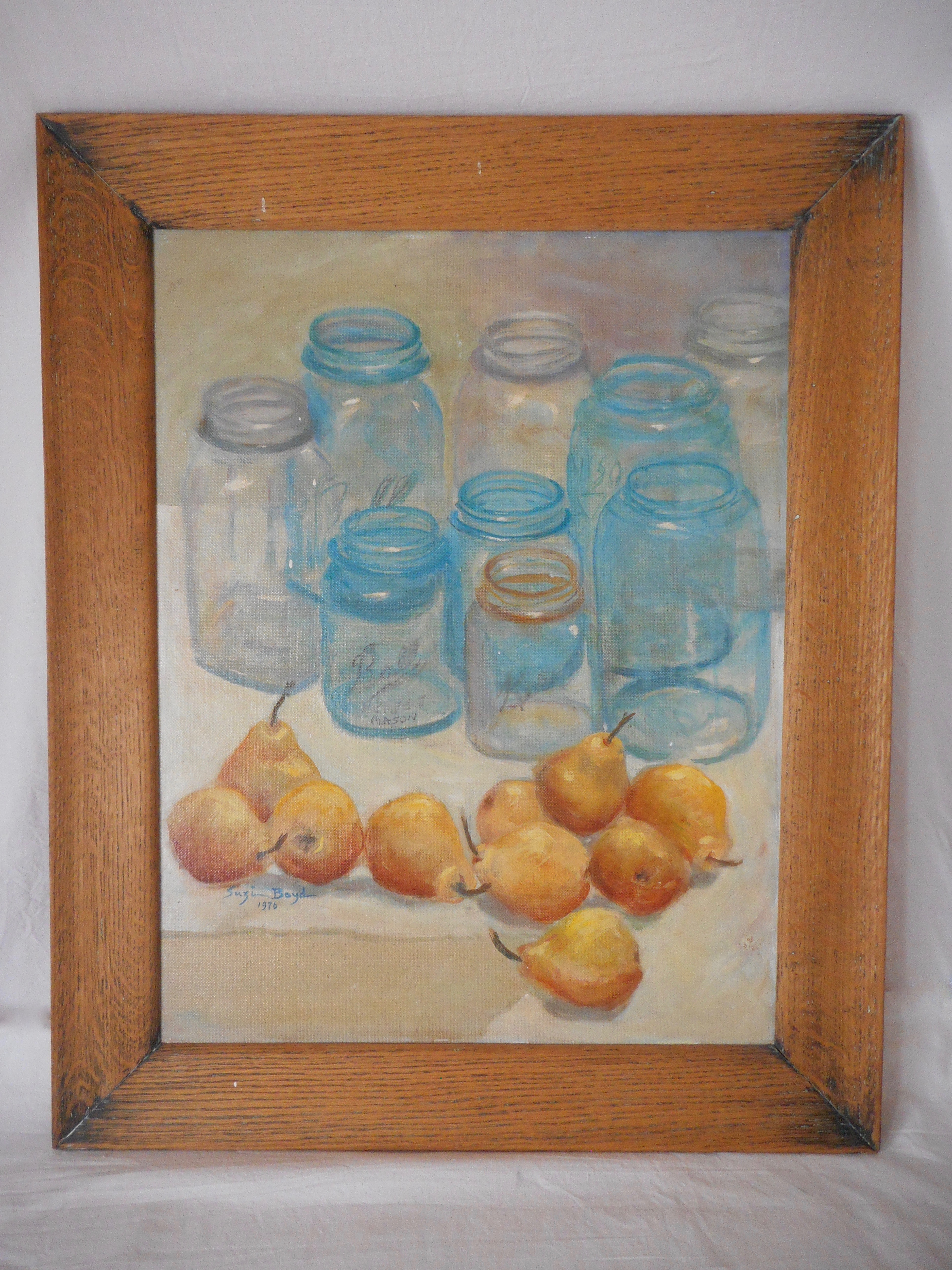 Original Oil Painting Still Life with Mason Jars and Pears