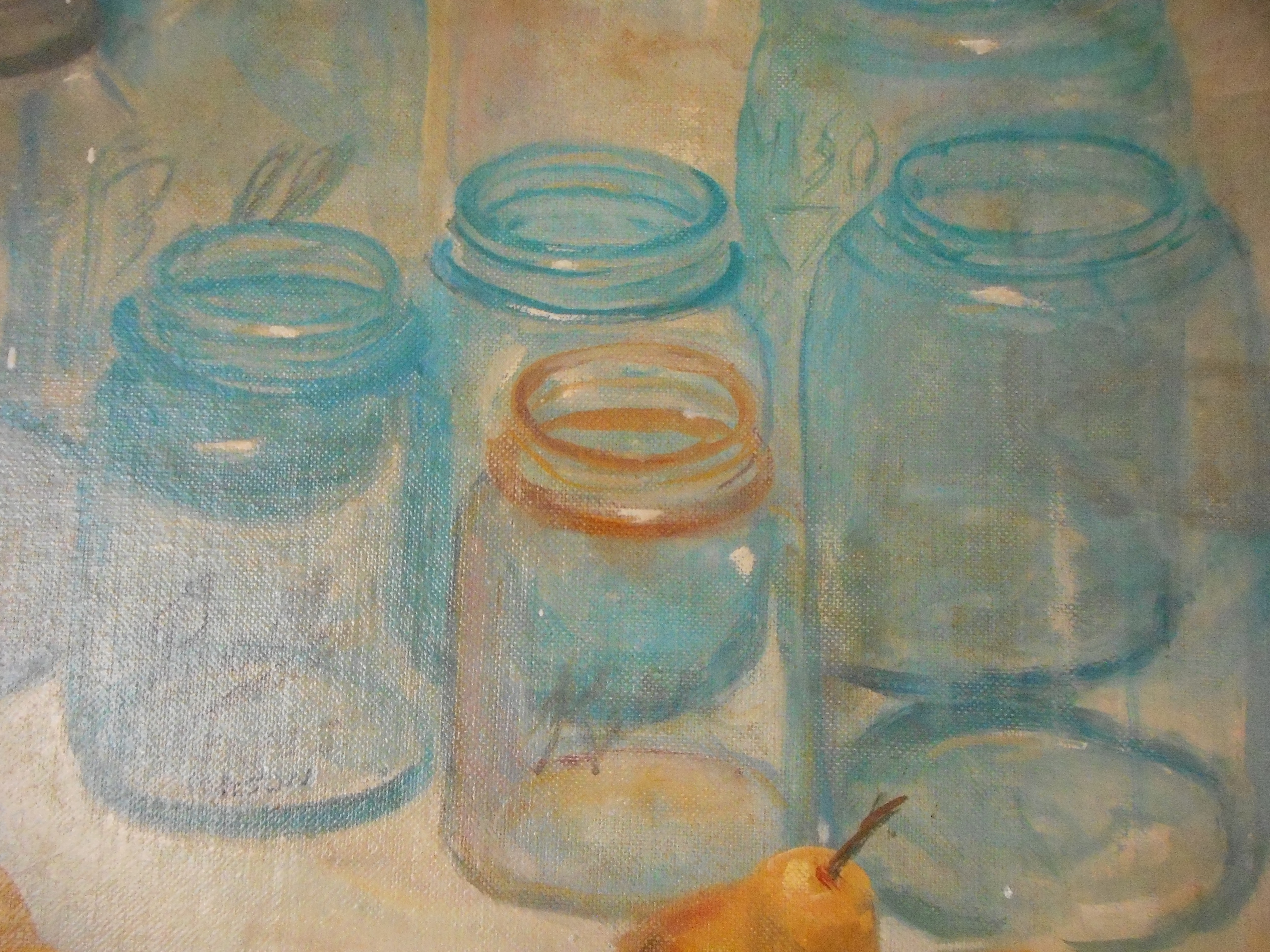 Original Oil Painting Still Life with Mason Jars and Pears