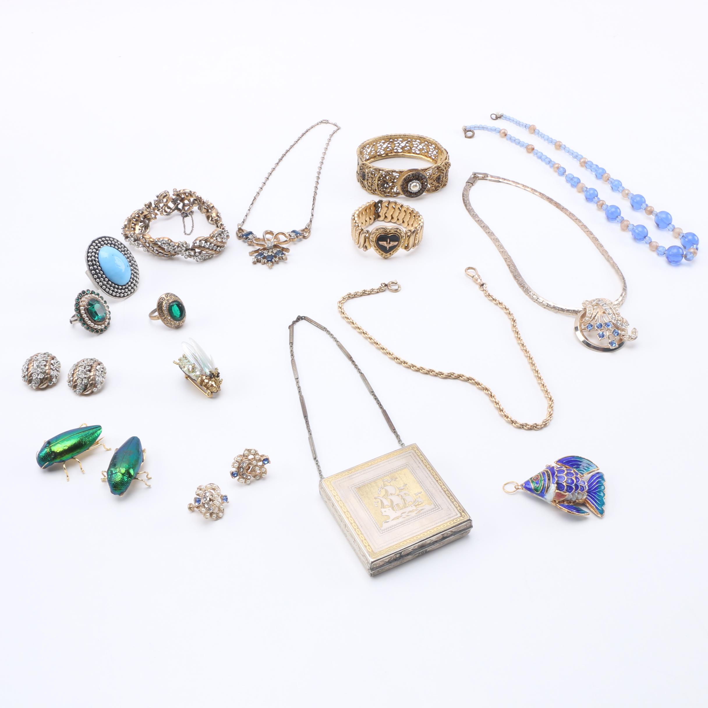 Costume Jewelry Including a Trifari Necklace With Sterling Silver Chain