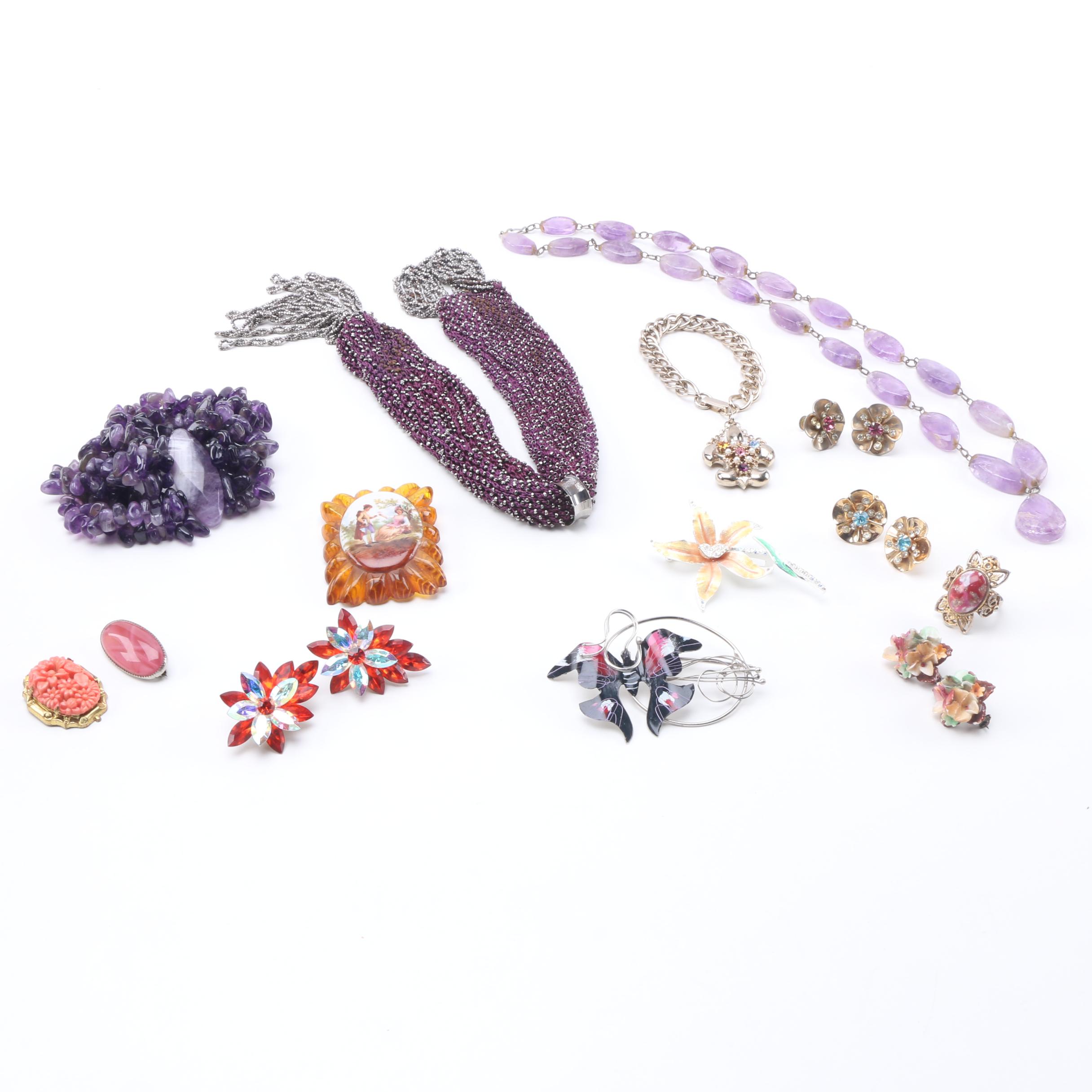 Costume Jewelry Including Amethyst Bead Bracelet