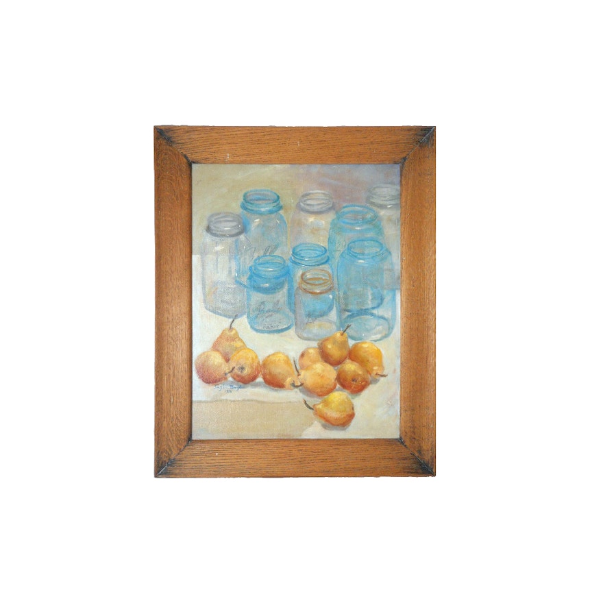 Original Oil Painting Still Life with Mason Jars and Pears