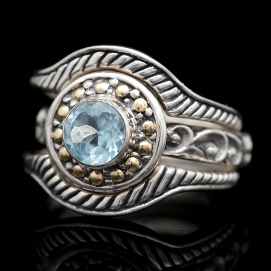 Robert Manse Sterling Silver, 18K Gold and Blue Topaz Three Ring Set