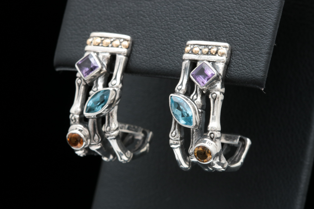 Sterling Silver, 18K Yellow Gold, Amethyst, Blue Topaz and Citrine Earrings