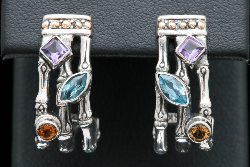 Sterling Silver, 18K Yellow Gold, Amethyst, Blue Topaz and Citrine Earrings