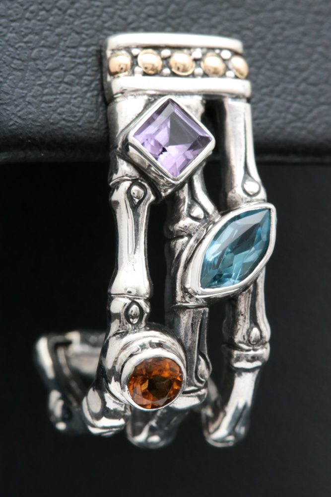 Sterling Silver, 18K Yellow Gold, Amethyst, Blue Topaz and Citrine Earrings