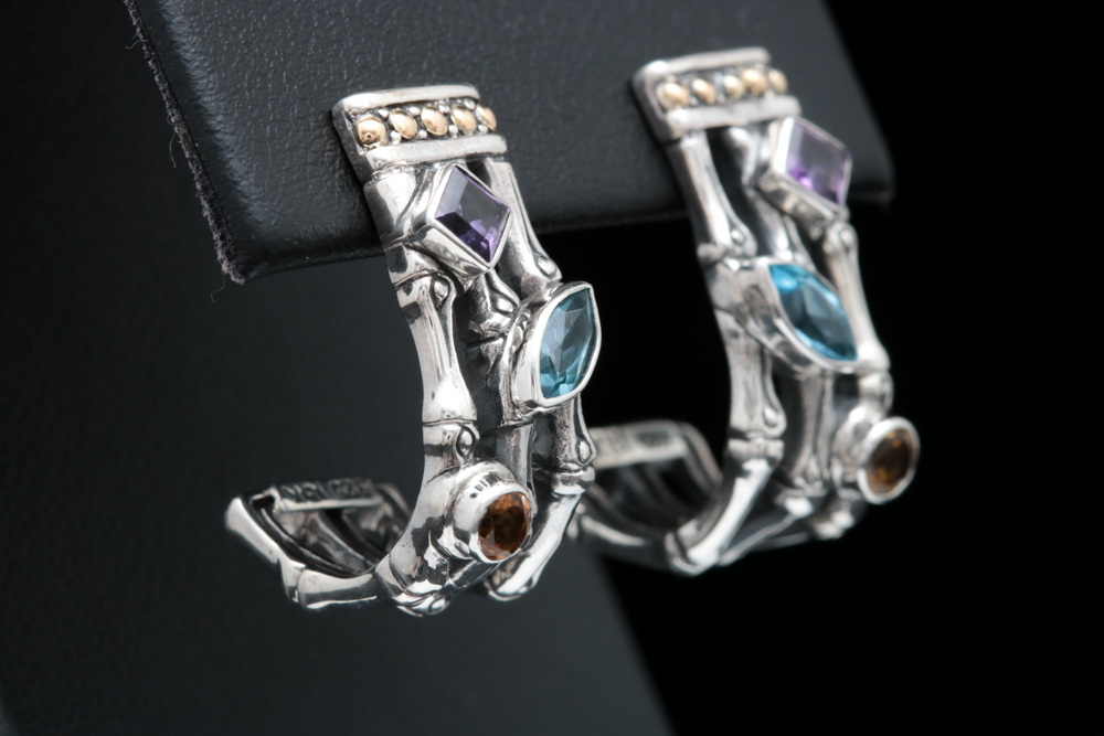 Sterling Silver, 18K Yellow Gold, Amethyst, Blue Topaz and Citrine Earrings
