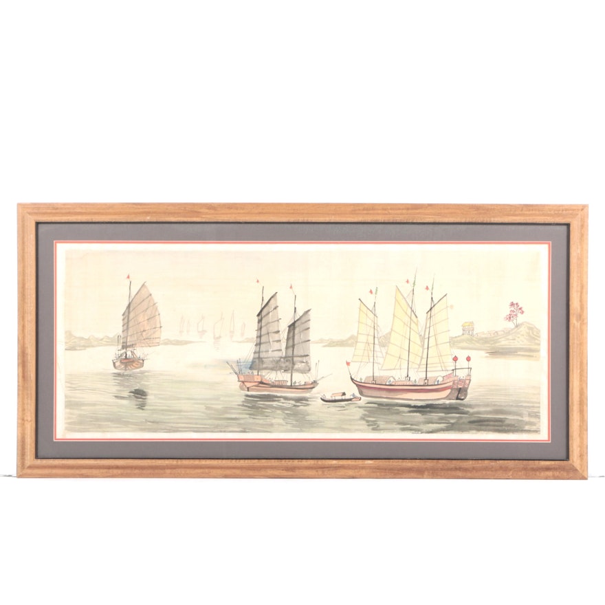 Ink Painting on Silk of Chinese Junk Ships