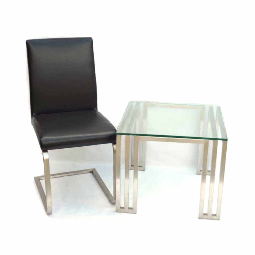 Modernist Glass-Topped Side Table with Black Side Chair