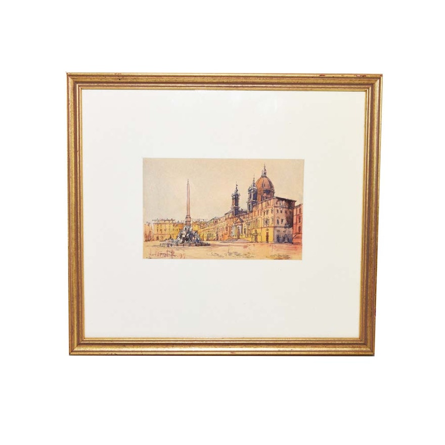 St. Peters Basilica Hand Colored Etching