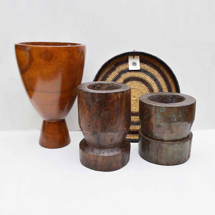 Carved Wooden Tibetan Bowls and Woven Swazi Tray