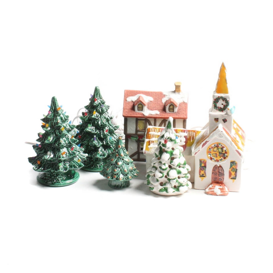 Vintage Ceramic Christmas Trees and Village