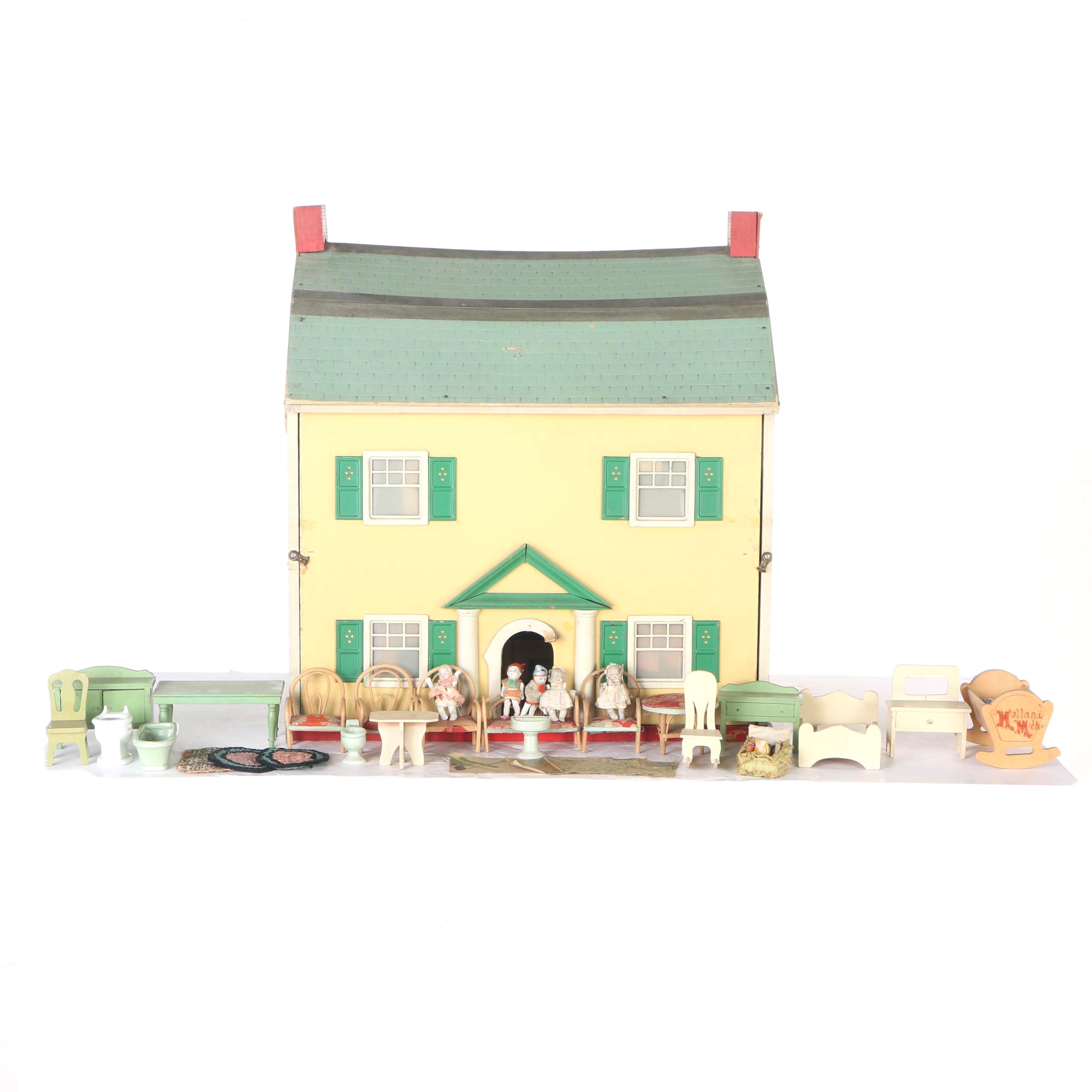 Vintage Yellow Wood Doll House, Dolls, and Accessories