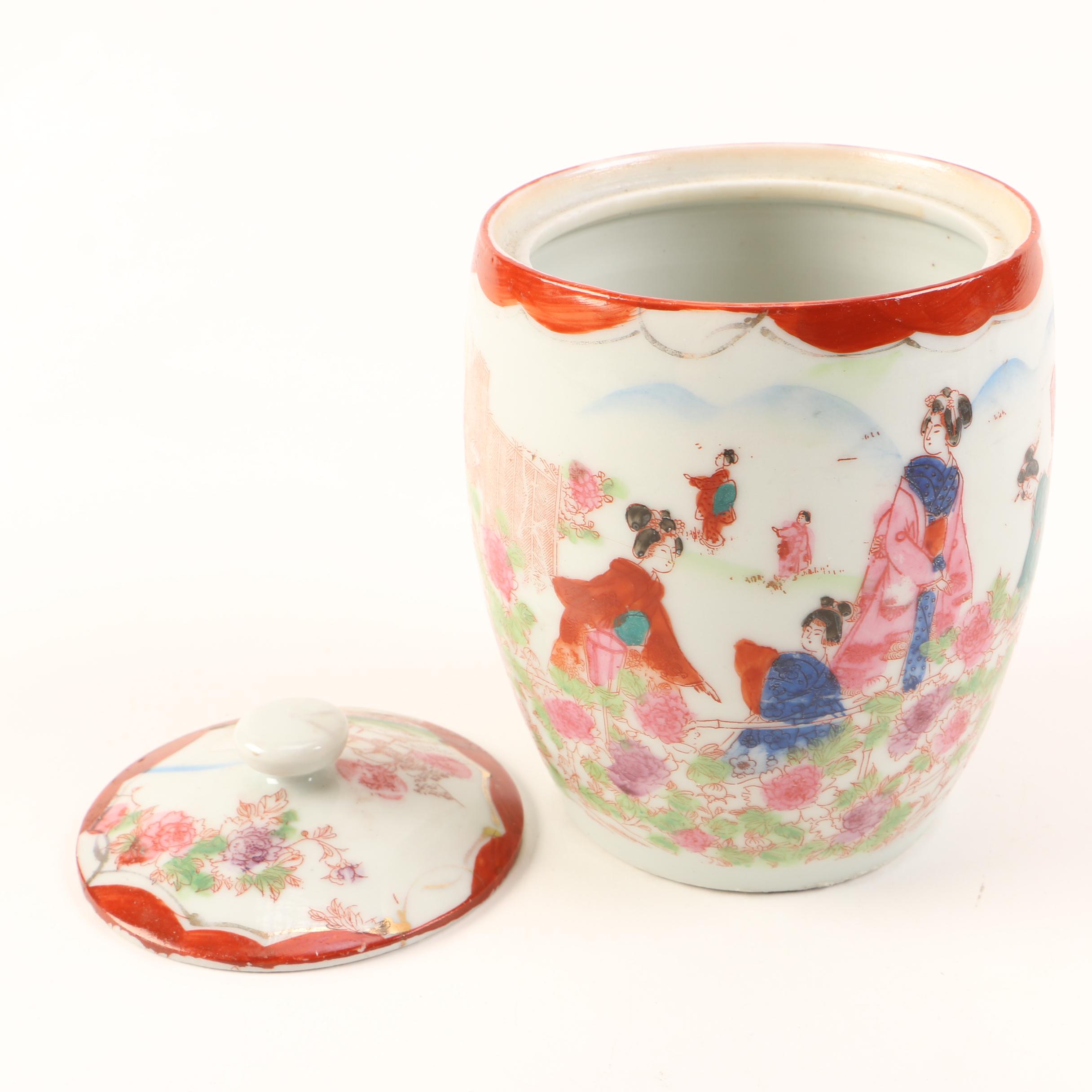 Japanese Tea Set With Elegant Japanese Ladies In Kimonos