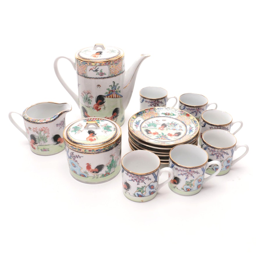 Hand-Painted Chinese "Cockerel" Porcelain Coffee Set